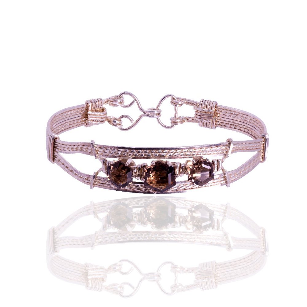 Artisan Handcrafted Sterling Silver Wrapped Hexagonal Smoky Quartz Cuff Bracelet